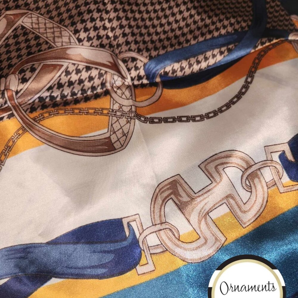 TEAL Gold & Houndtooth Equestrian Poly-Silk 36” Square SCARF New by ORNAMENTS